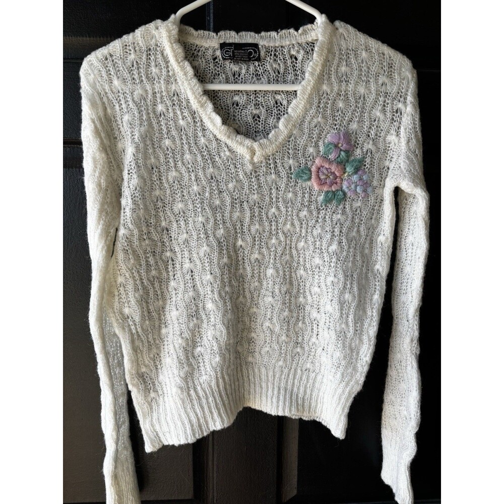 Vtg 80s Gitano Vneck Pointelle Grandmacore Floral Embroidered Sweater Ivory L